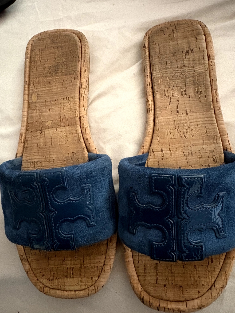 Tory Burch Blue Suede Cork Slide Sandals. In Excellent Condition